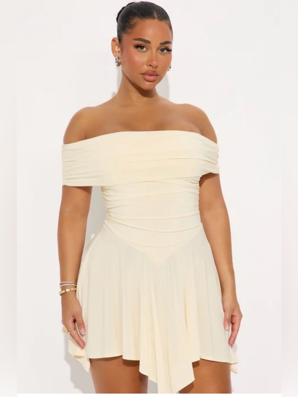 Fashion Nova Penelope Off Shoulder Ruched Mini Dress - Cream (Size S)
